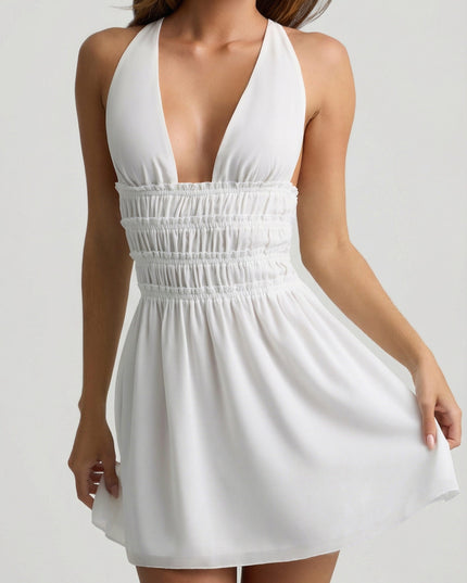 White Plunge Cross-Back Mini Dress