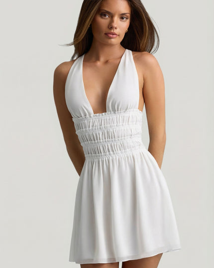 White Plunge Cross-Back Mini Dress