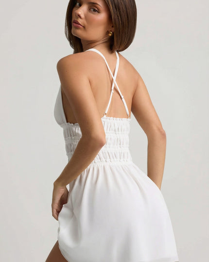 White Plunge Cross-Back Mini Dress