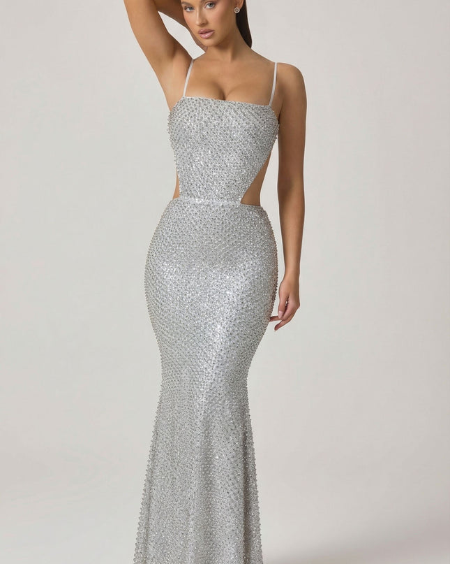 Silver Embellished Cut-Out Gown