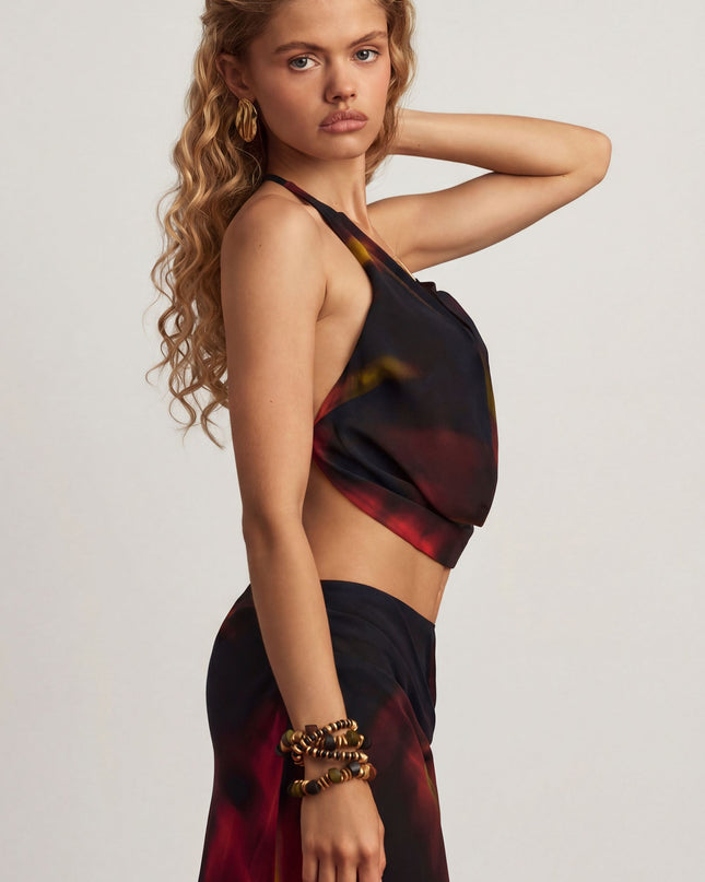 Red Blurred Print Halterneck Cowl Crop Top