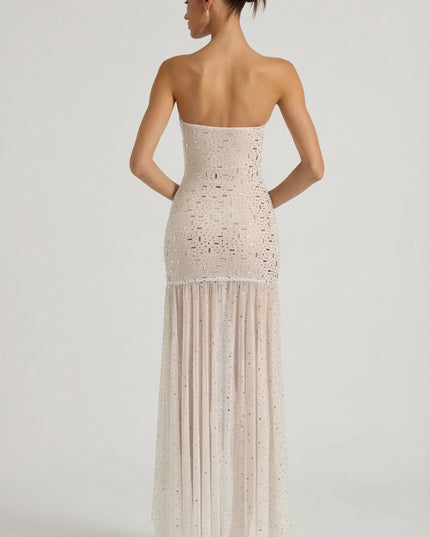 White Semi-Sheer Embellished Asymmetric Maxi Dress