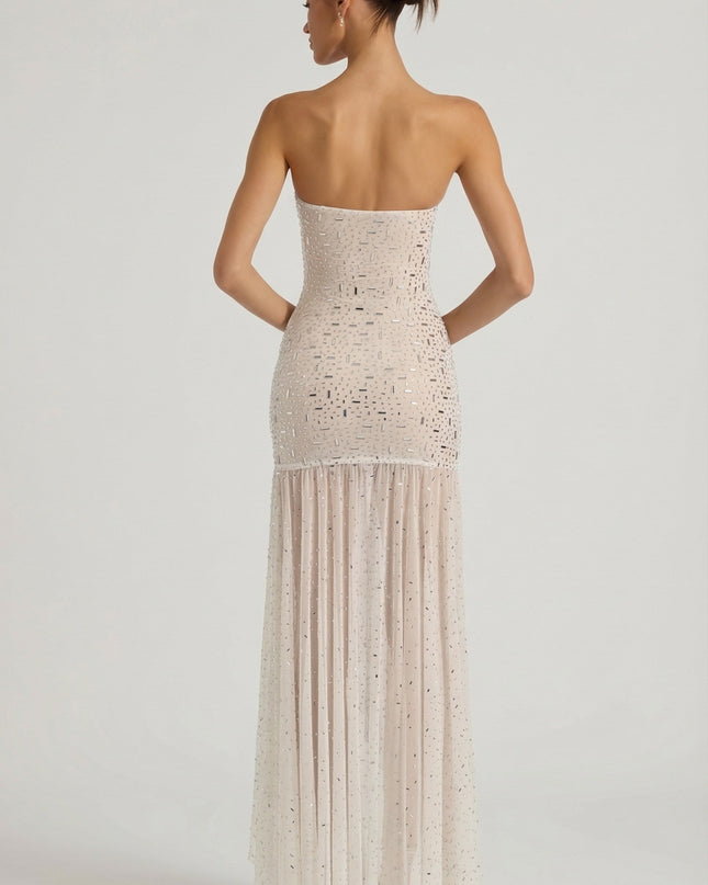 White Semi-Sheer Embellished Asymmetric Maxi Dress