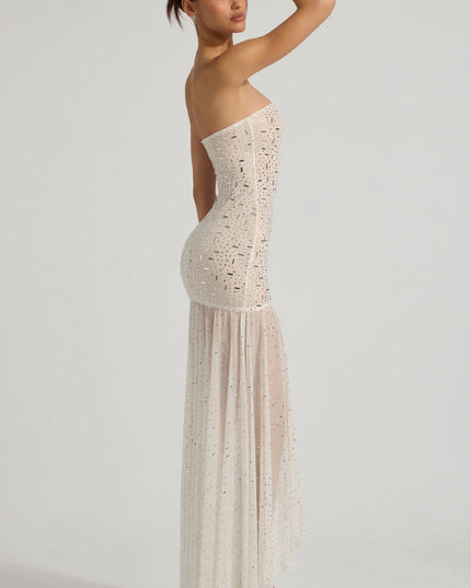 White Semi-Sheer Embellished Asymmetric Maxi Dress