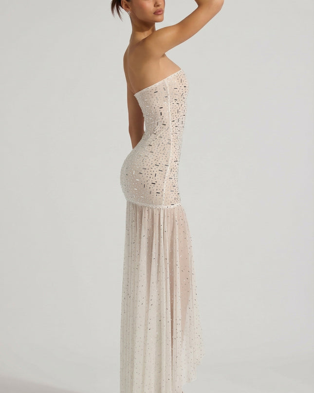 White Semi-Sheer Embellished Asymmetric Maxi Dress