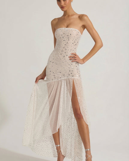 White Semi-Sheer Embellished Asymmetric Maxi Dress