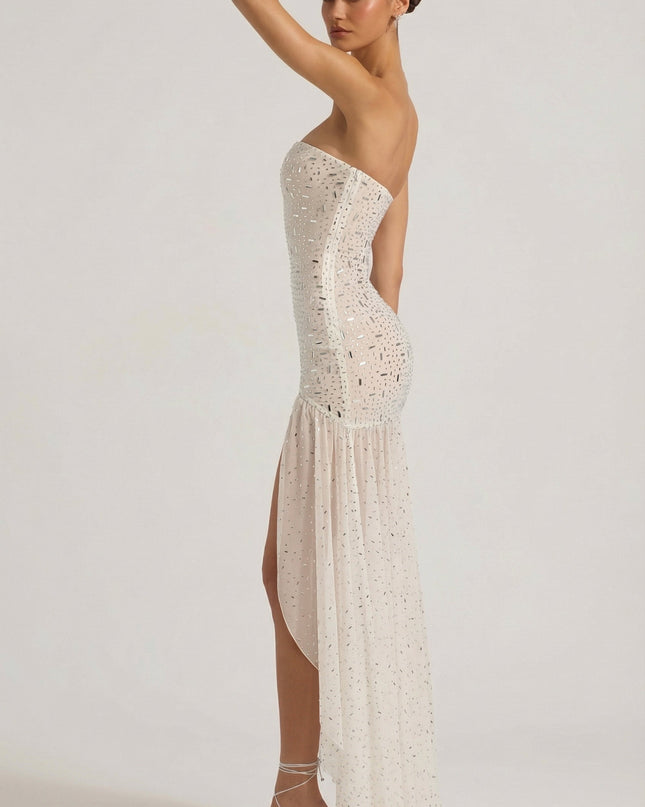 White Semi-Sheer Embellished Asymmetric Maxi Dress
