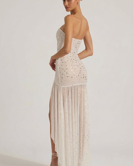 White Semi-Sheer Embellished Asymmetric Maxi Dress