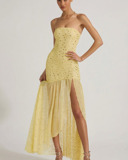 Yellow Semi-Sheer Embellished Asymmetric Maxi Dress