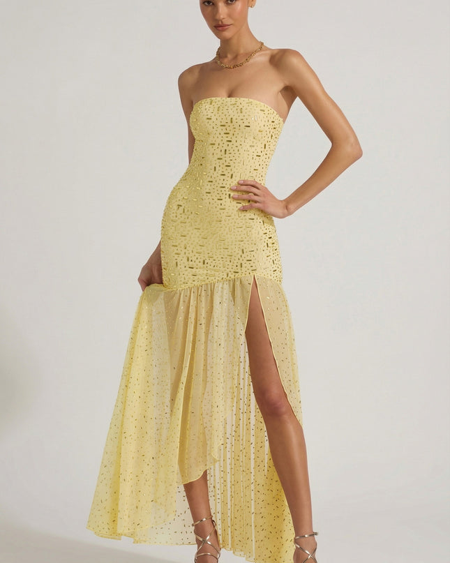 Yellow Semi-Sheer Embellished Asymmetric Maxi Dress