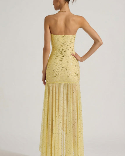 Yellow Semi-Sheer Embellished Asymmetric Maxi Dress