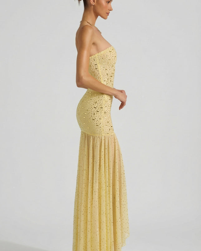 Yellow Semi-Sheer Embellished Asymmetric Maxi Dress