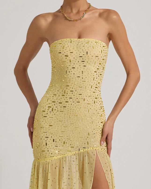 Yellow Semi-Sheer Embellished Asymmetric Maxi Dress