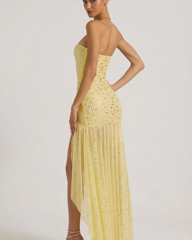 Yellow Semi-Sheer Embellished Asymmetric Maxi Dress