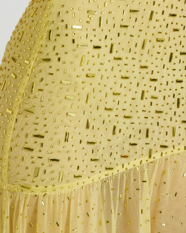 Yellow Semi-Sheer Embellished Asymmetric Maxi Dress