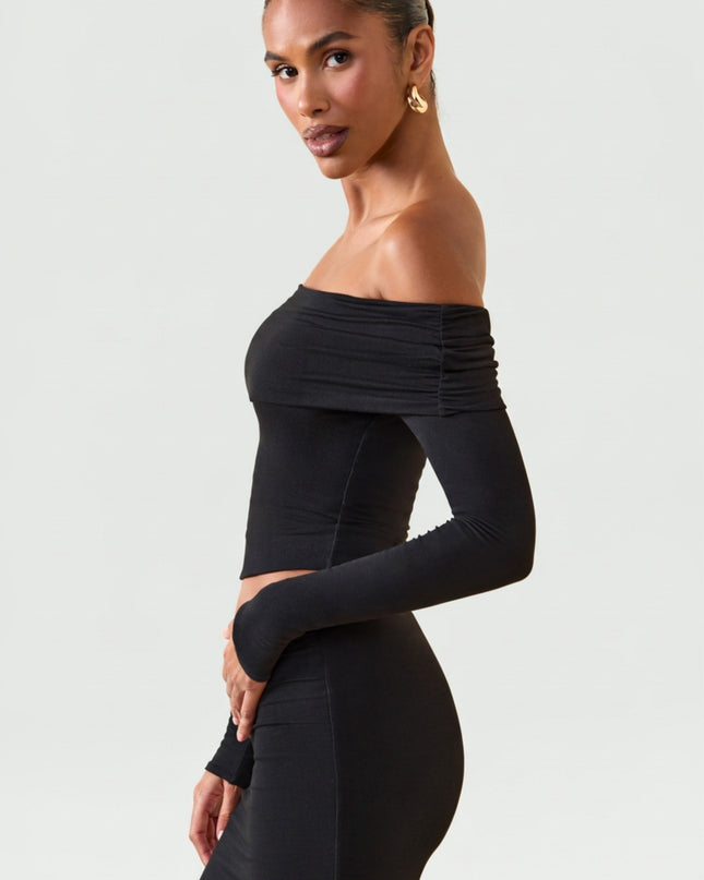 Black Modal Off-Shoulder Long-Sleeve Top
