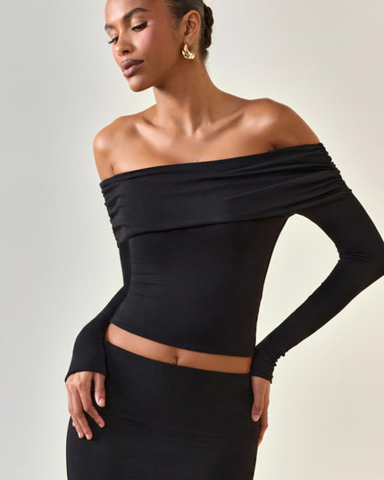 Black Modal Off-Shoulder Long-Sleeve Top