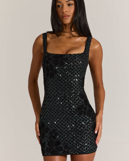 Black Embellished Square-Neck Mini Dress