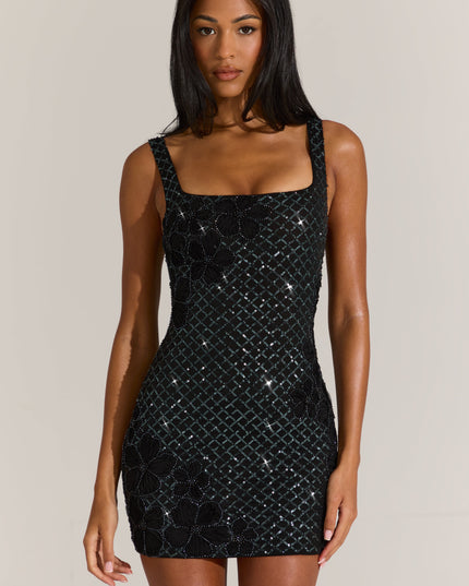 Black Embellished Square-Neck Mini Dress