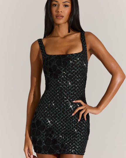 Black Embellished Square-Neck Mini Dress