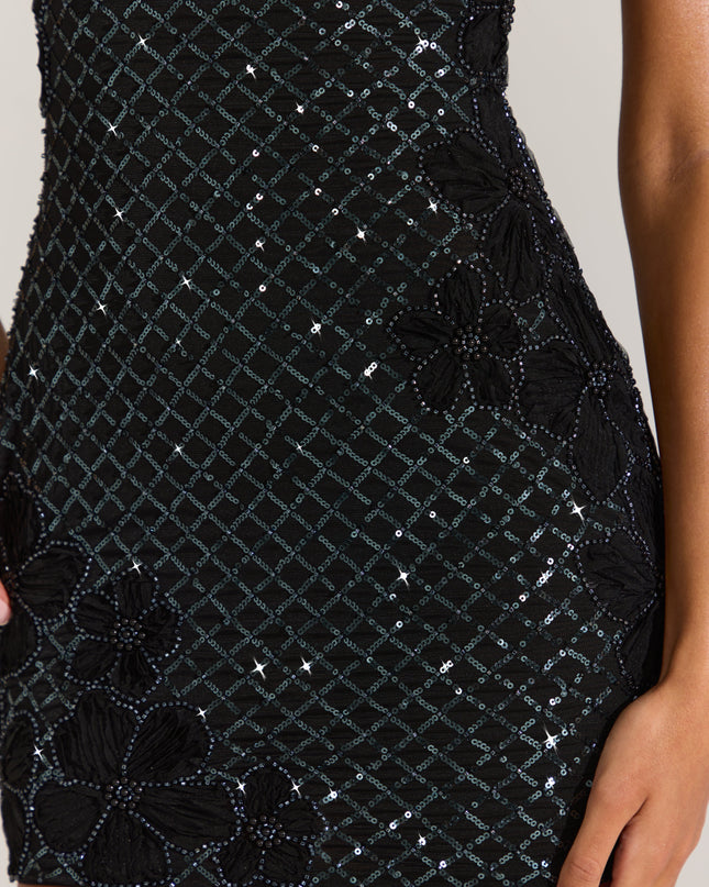 Black Embellished Square-Neck Mini Dress