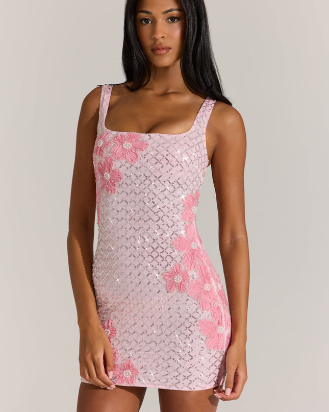 Blossom Pink Embellished Square-Neck Mini Dress