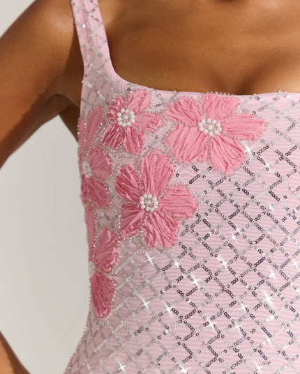 Blossom Pink Embellished Square-Neck Mini Dress