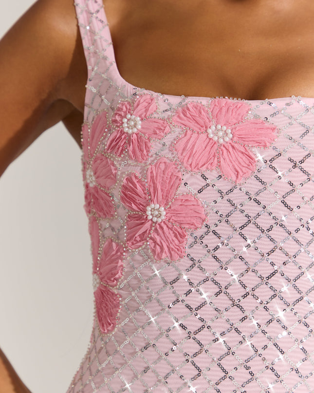 Blossom Pink Embellished Square-Neck Mini Dress