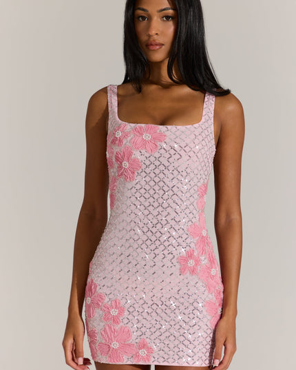 Blossom Pink Embellished Square-Neck Mini Dress