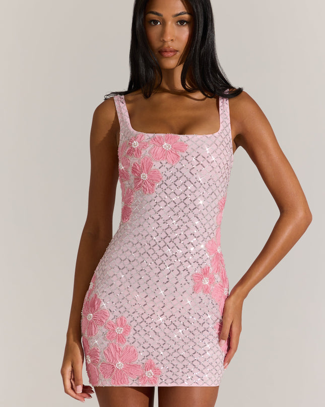 Blossom Pink Embellished Square-Neck Mini Dress