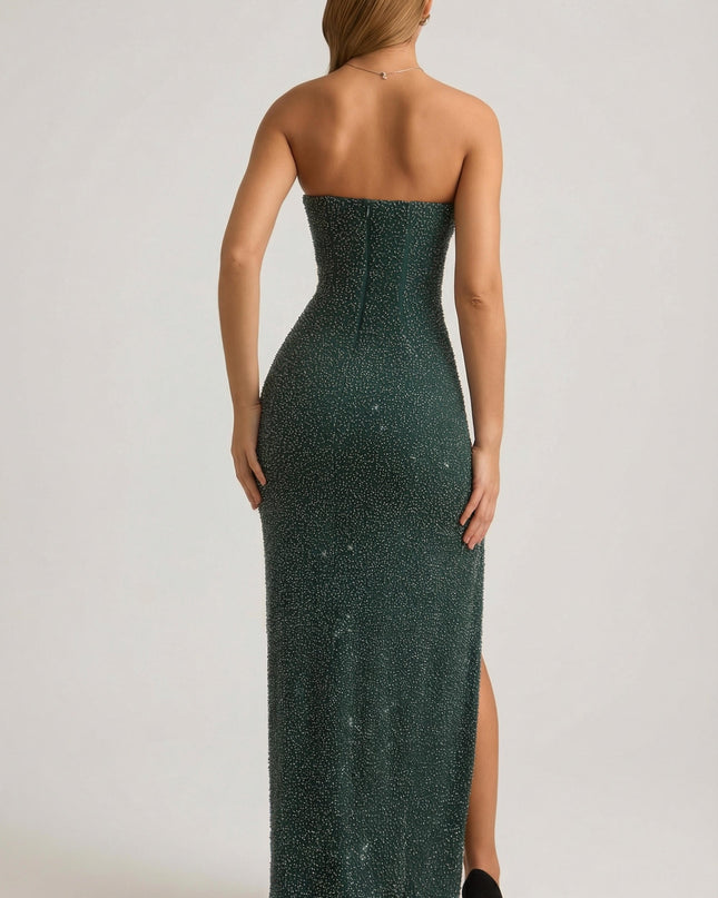 Emerald Green Embellished Strapless Cowl-Neck Maxi Dress