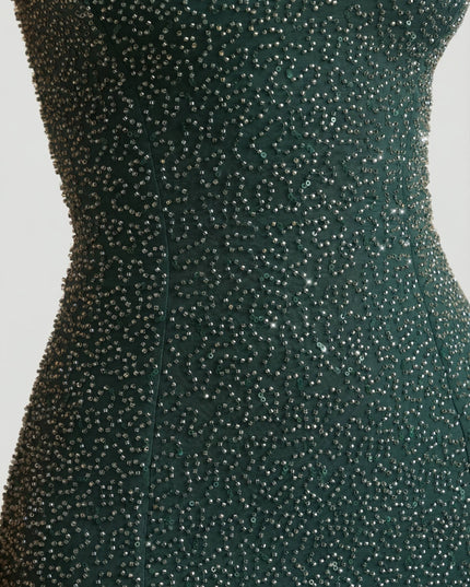 Emerald Green Embellished Strapless Cowl-Neck Maxi Dress