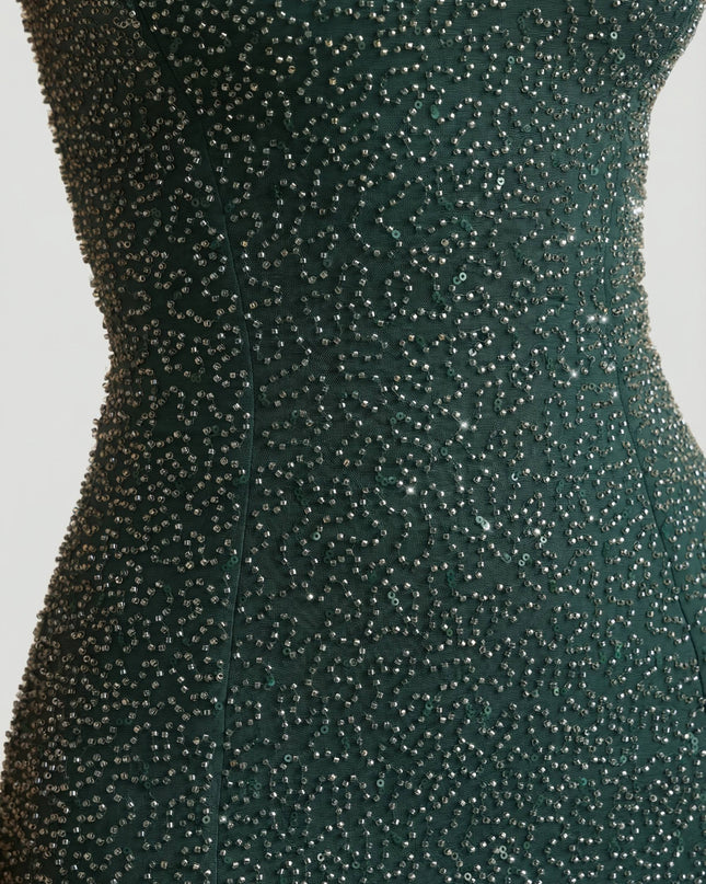Emerald Green Embellished Strapless Cowl-Neck Maxi Dress