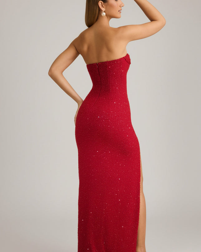 Rouge Embellished Strapless Cowl-Neck Maxi Dress
