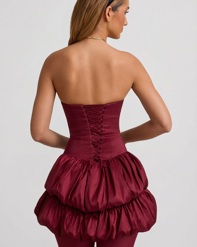 Wine Red Satin Bubble Hem Corset Mini Dress