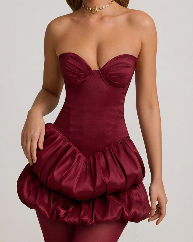 Wine Red Satin Bubble Hem Corset Mini Dress