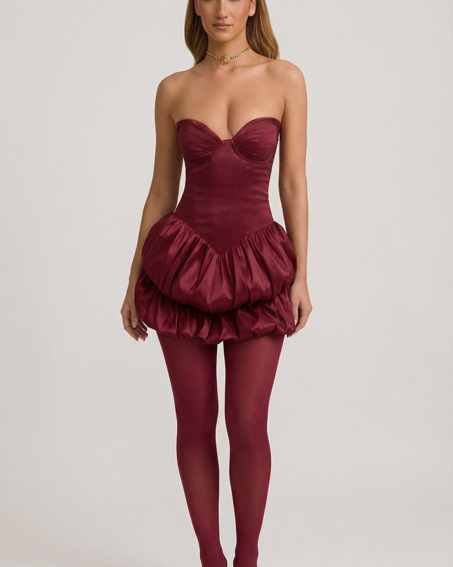 Wine Red Satin Bubble Hem Corset Mini Dress