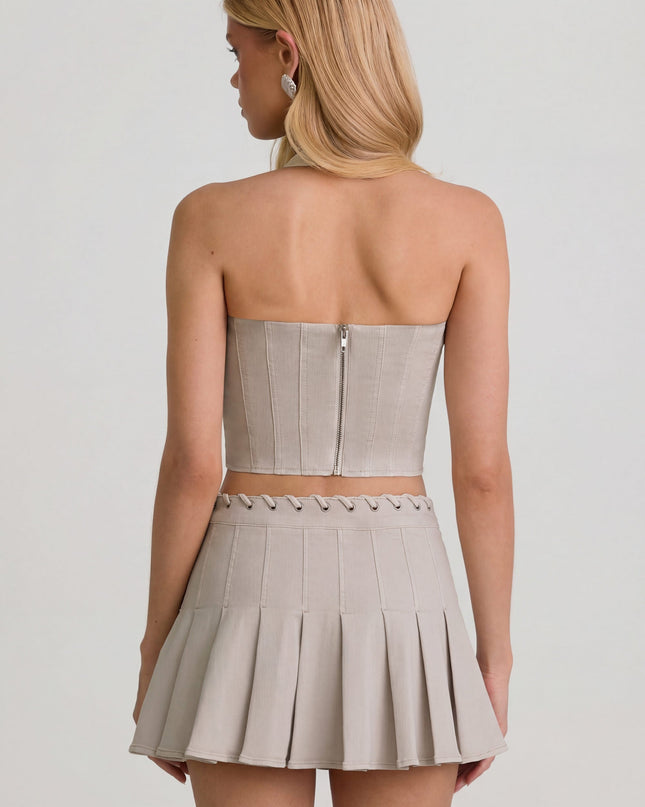 Ecru Low-Rise Pleated Mini Skirt