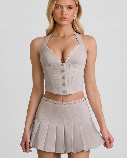 Ecru Low-Rise Pleated Mini Skirt