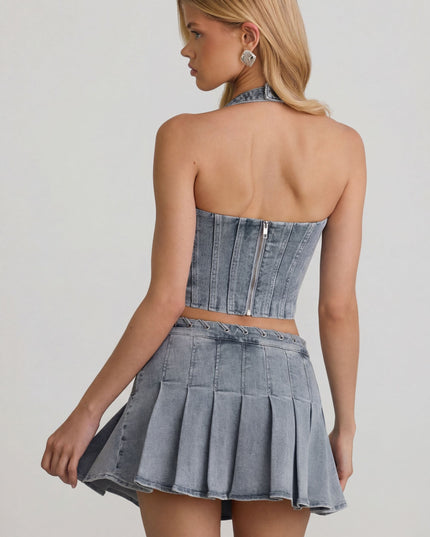 Light Blue Low-Rise Pleated Mini Skirt