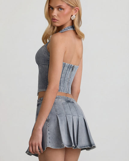 Light Blue Low-Rise Pleated Mini Skirt