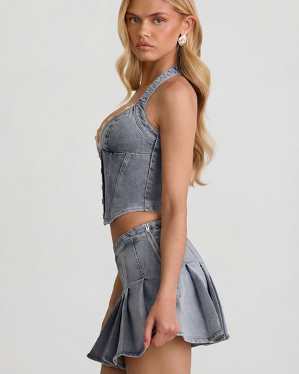 Light Blue Low-Rise Pleated Mini Skirt