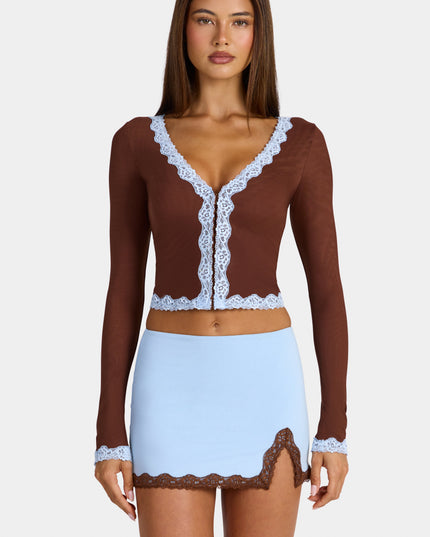 Cocoa Brown Lace-Trim Cropped Cardigan