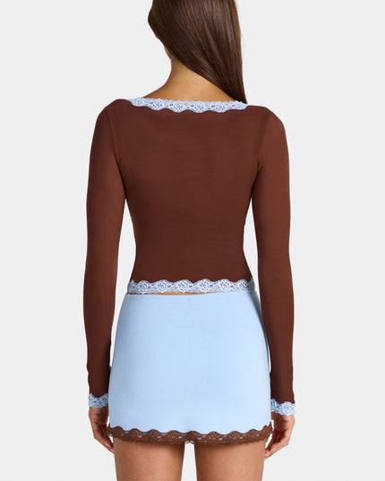Cocoa Brown Lace-Trim Cropped Cardigan