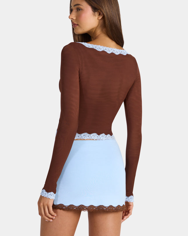 Cocoa Brown Lace-Trim Cropped Cardigan
