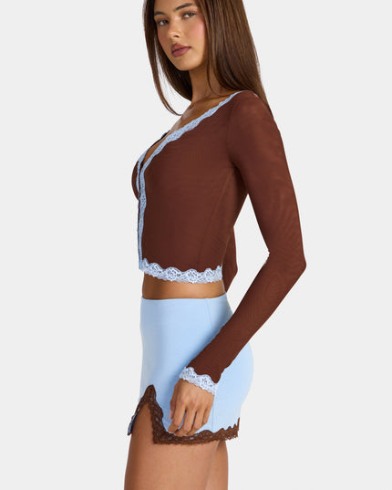 Cocoa Brown Lace-Trim Cropped Cardigan