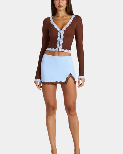 Cocoa Brown Lace-Trim Cropped Cardigan