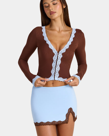 Cocoa Brown Lace-Trim Cropped Cardigan