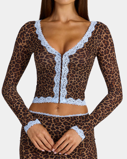 Leopard Lace-Trim Cropped Cardigan