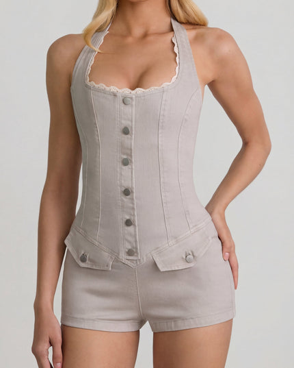 Ecru Button-Down Halterneck Playsuit